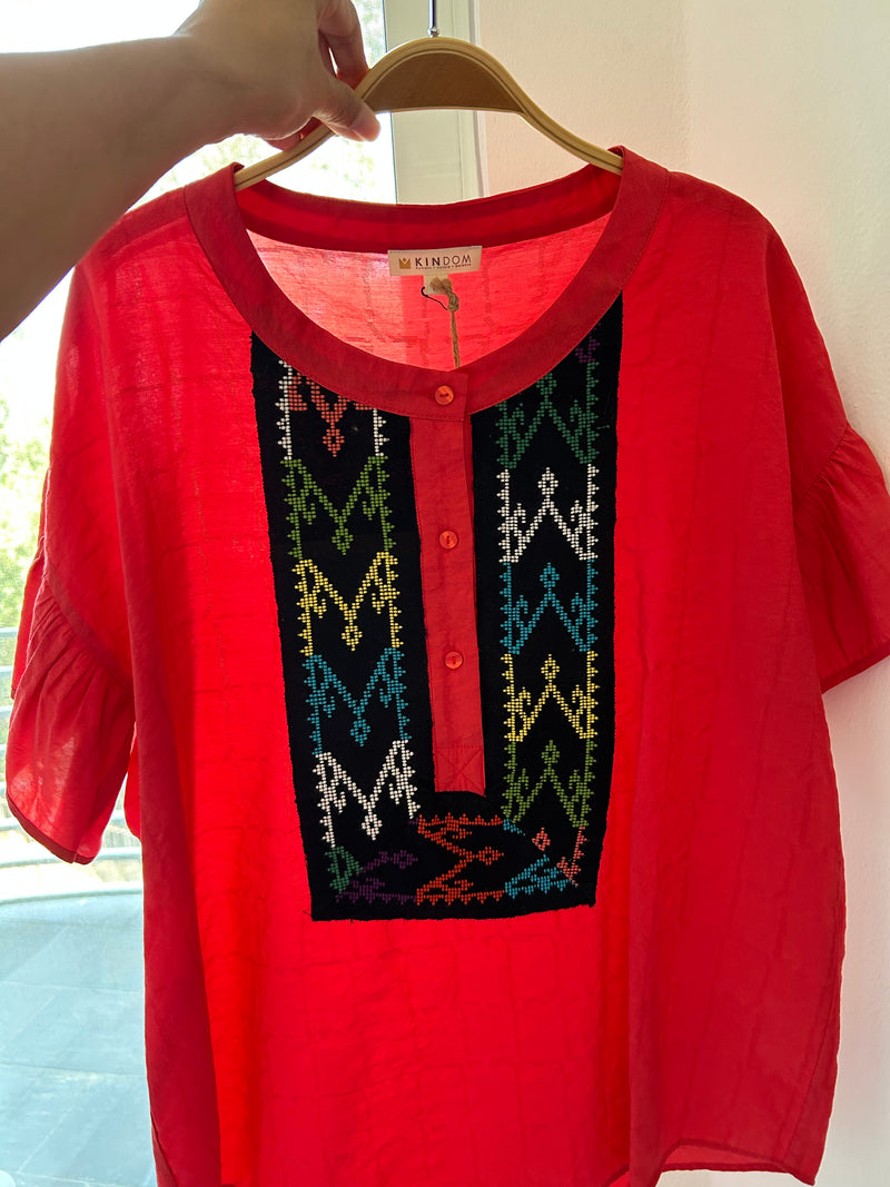 Amira Top with Handwoven Indigenous Trim, Red/Black-Multi