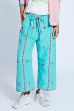 Pinaing Handwoven & Hand-Embroidered Crop Pants, Turquoise