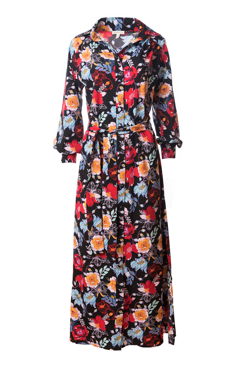 Christine Upcycled Hand-Painted Maxi Shirt Dress, Vibrant Floral