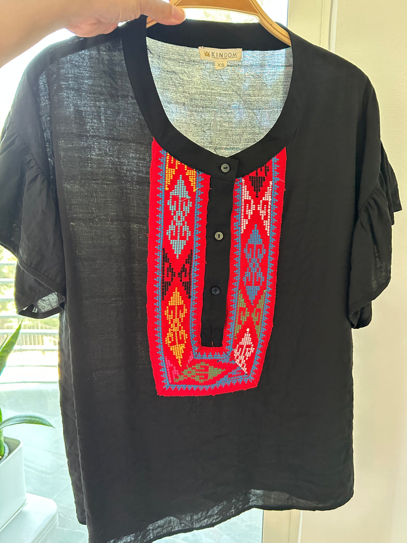 Amira Top with Handwoven Indigenous Trim, Black/Red
