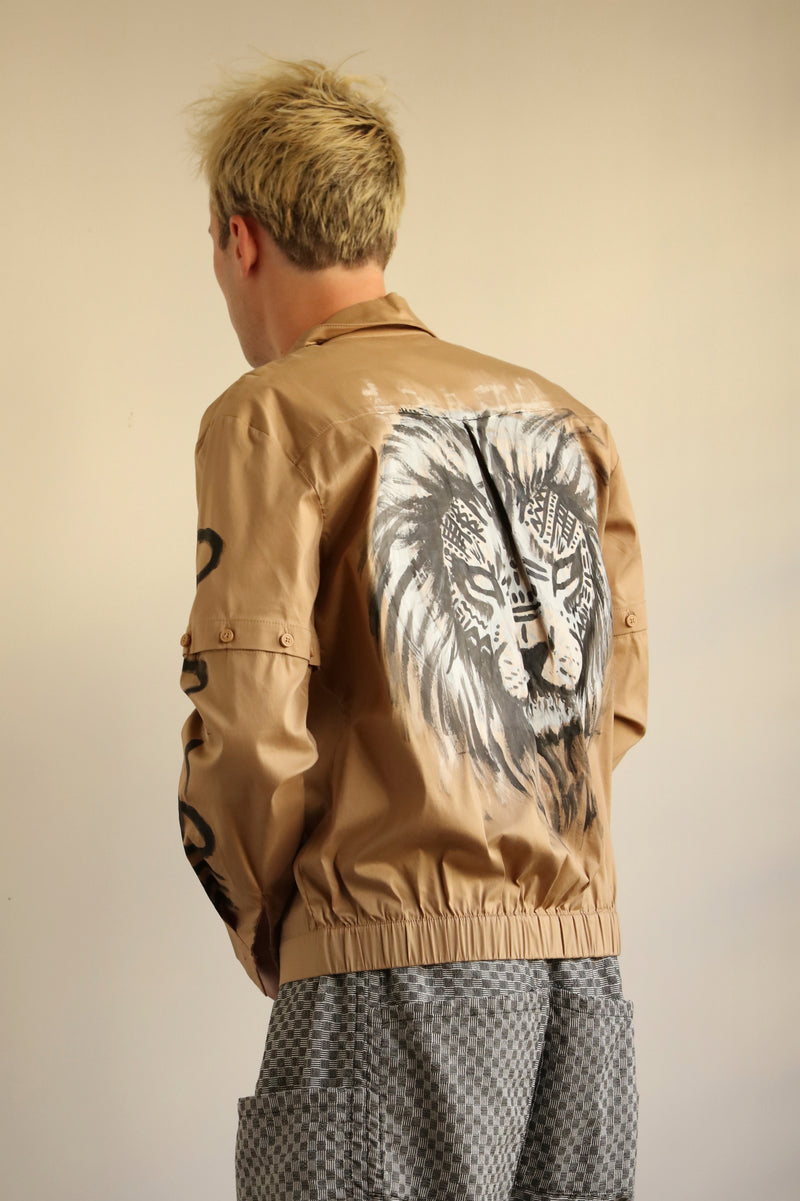 Cassi-Print Upcycled Hand-Painted 2-way Shirt, Kha/Blk Lion