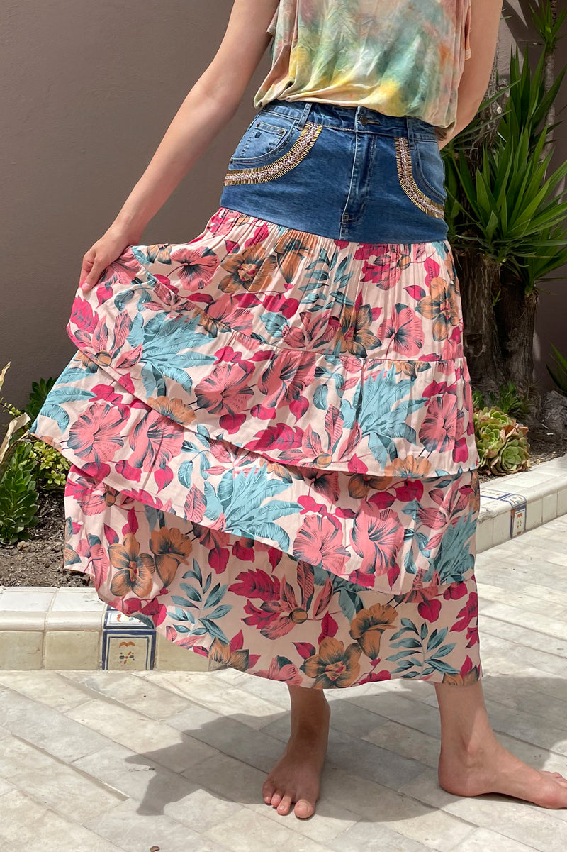 Lani Upcycled 3-length Convertible Yoke Skirt, Denim/Pink/Rose/Gold