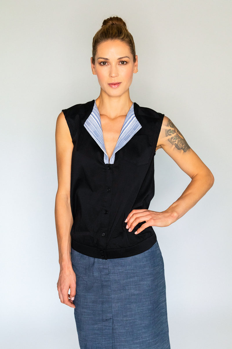 Cassi-Vest Upcycled Top/Vest, Blk/Blu/Wht