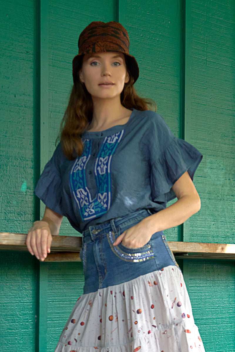 Amira Top with Handwoven Indigenous Trim, Blue/Blue-White