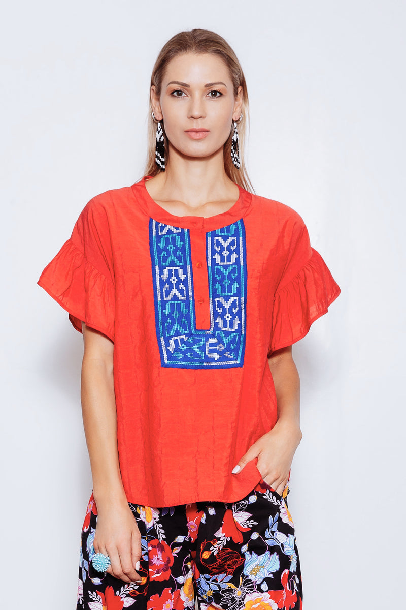 Amira Top with Handwoven Indigenous Trim, Red/Blue