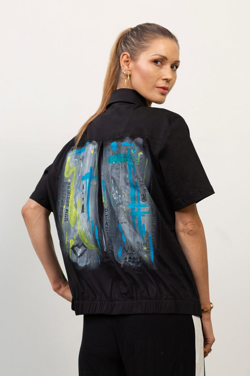 Cassi-Print Upcycled Hand-Painted 2-way Shirt, Blk/Wht/Blu