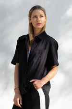Cassi-Print Upcycled Hand-Painted 2-way Shirt, Blk/Wht/Blu