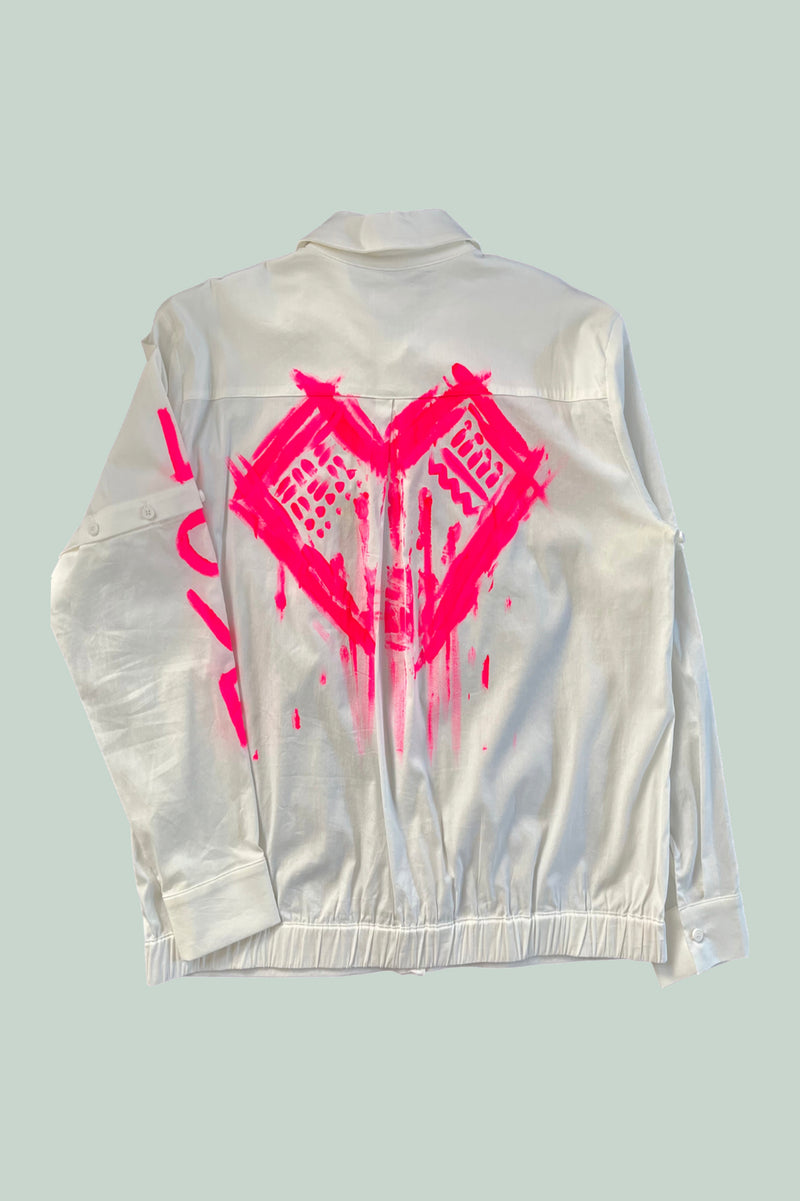 Cassi-Print Upcycled Hand-Painted 2-way Shirt, Ivory/Hot Pink