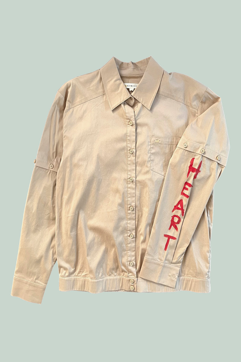 Cassi-Print Upcycled Hand-Painted 2-way Shirt, Khaki/Red