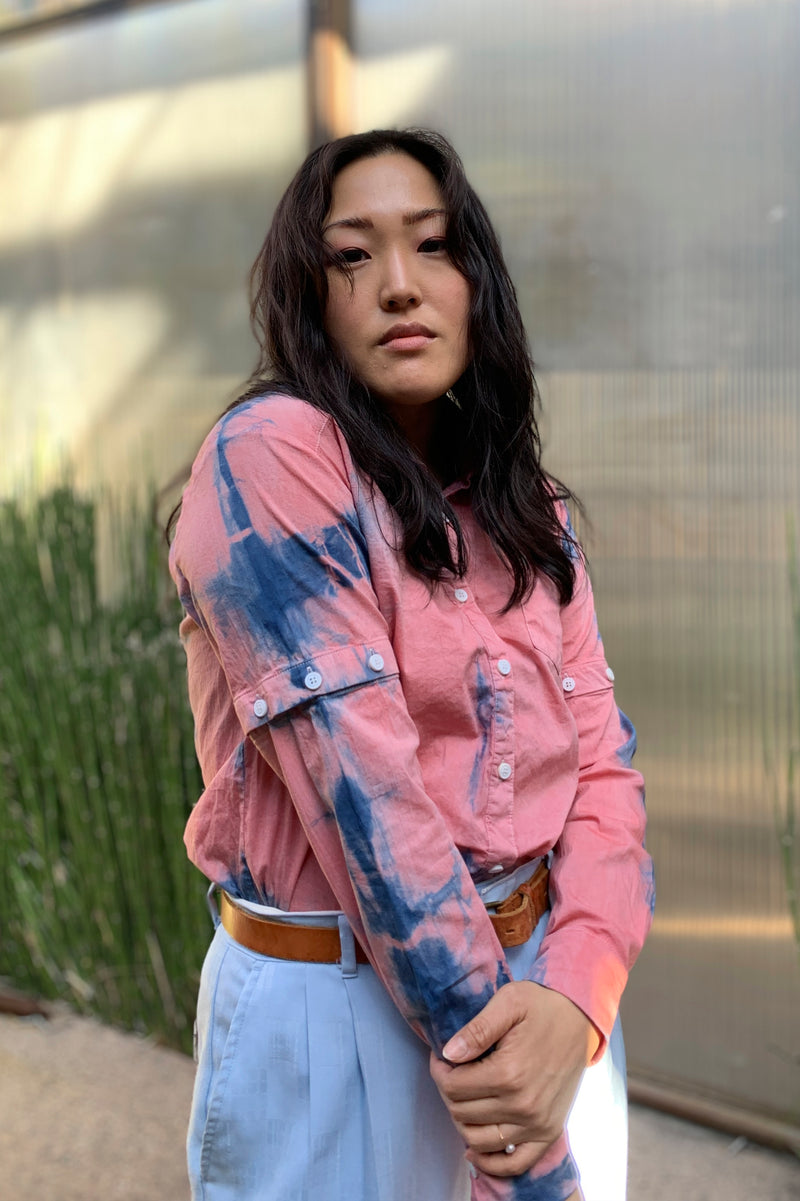 Cassid-EcoD KINdom x THAMOG Upcycled Shibori Eco-Dye Shirt, Salmon/Indigo