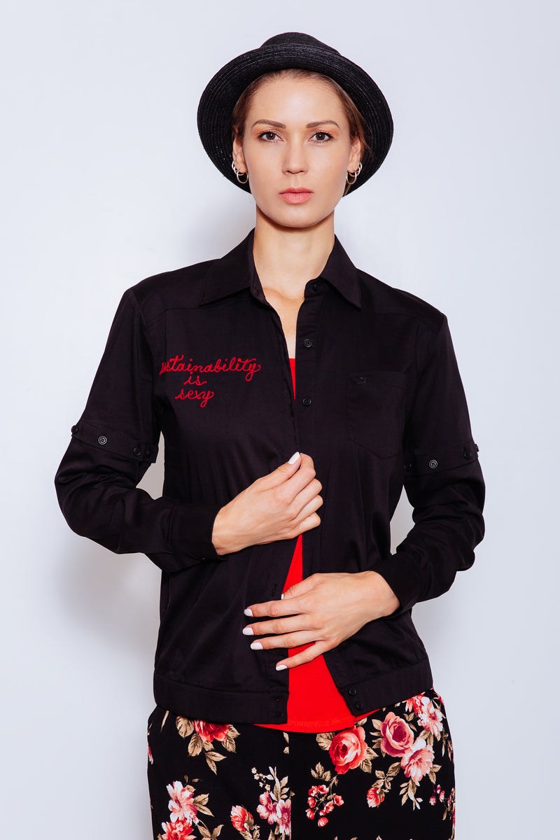 CASSID-EM-MSG Upcycled Embroidered 2-way Shirt, Black/Red