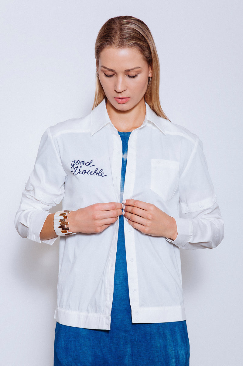 CASSID-EM-MSG Upcycled Embroidered 2-way Shirt, Ivory/Navy
