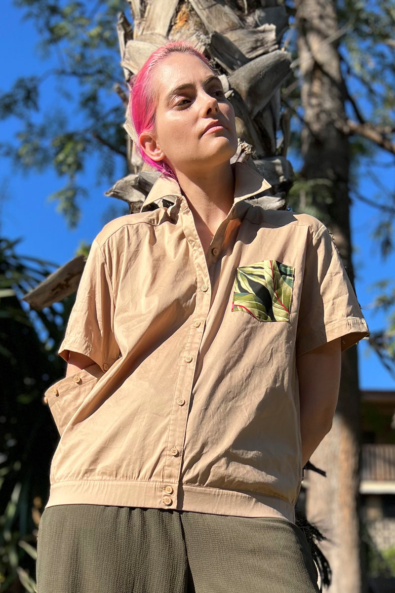 Cassilani Upcycled Alohafied 2-way Shirt, Khaki