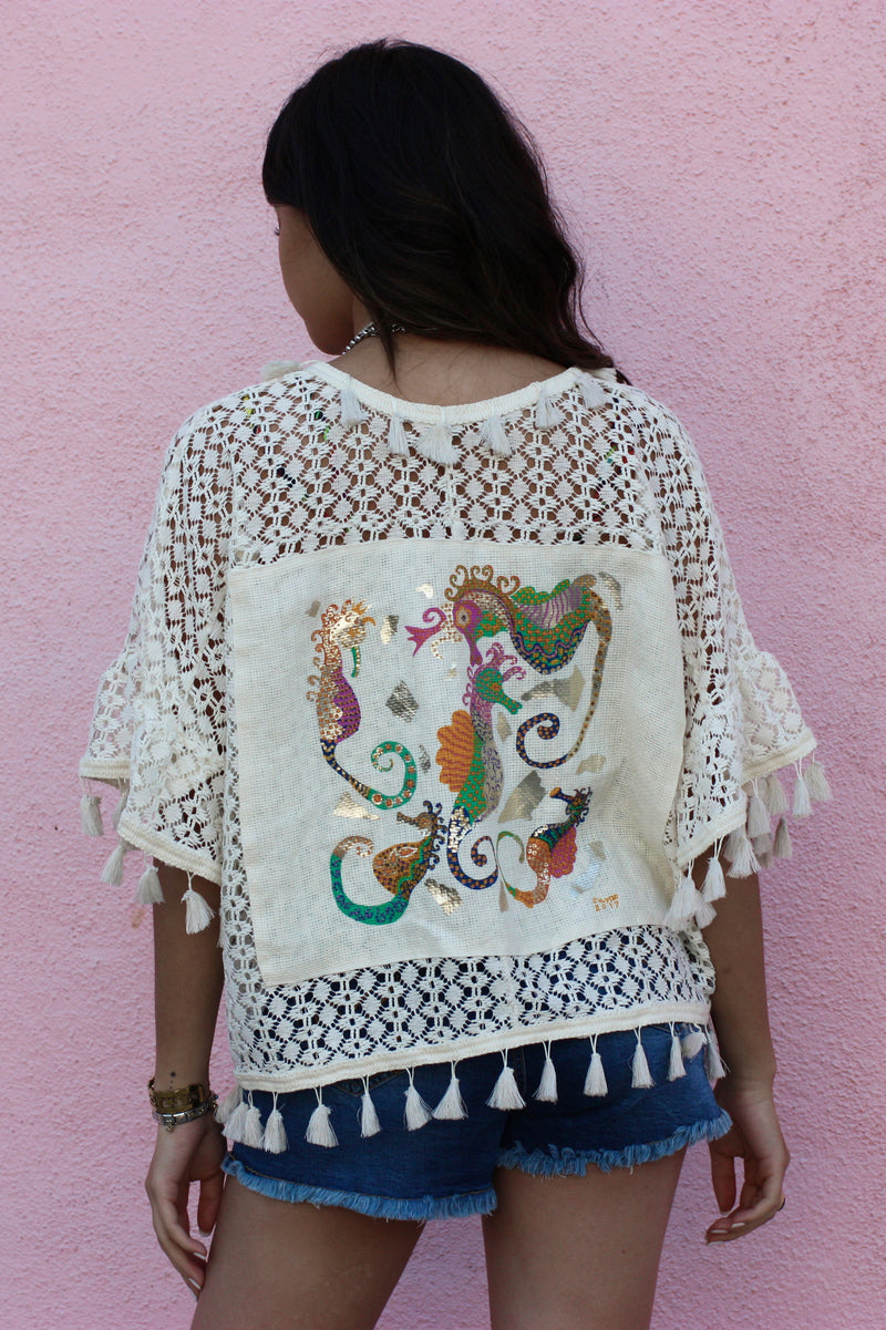 Chloe Crochet Artisan Cardigan, Seahorses