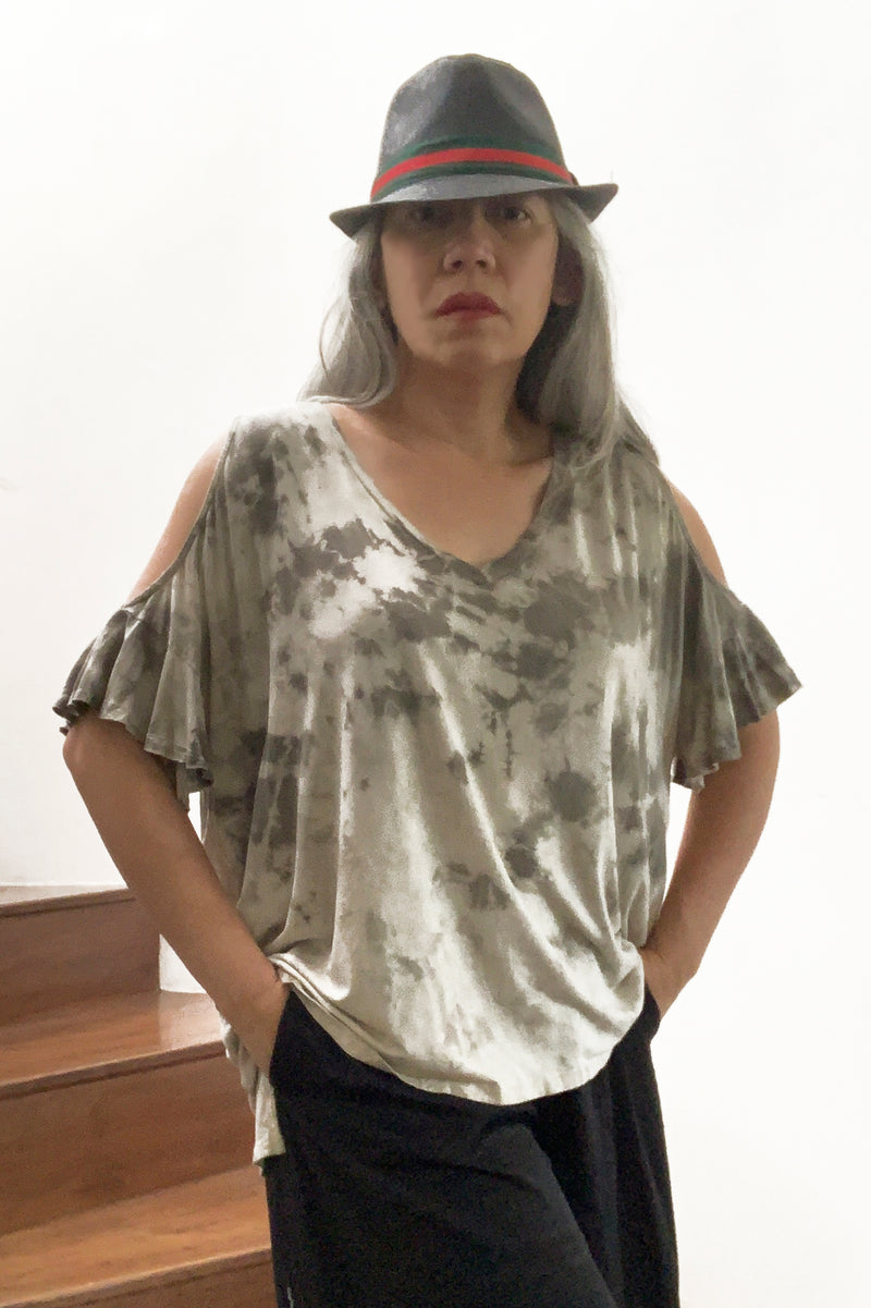 KIRA-ECOD Upcycled Eco-Dyed Ruffle-Sleeve Top, Grey