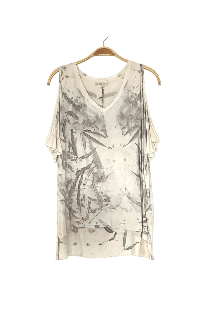 KIRA-ECOP Ruffle-Sleeve Top, Ivory/Grey Eco-Print