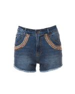 Samantha Beaded Denim Shorts, Indigo/Rose/Gold