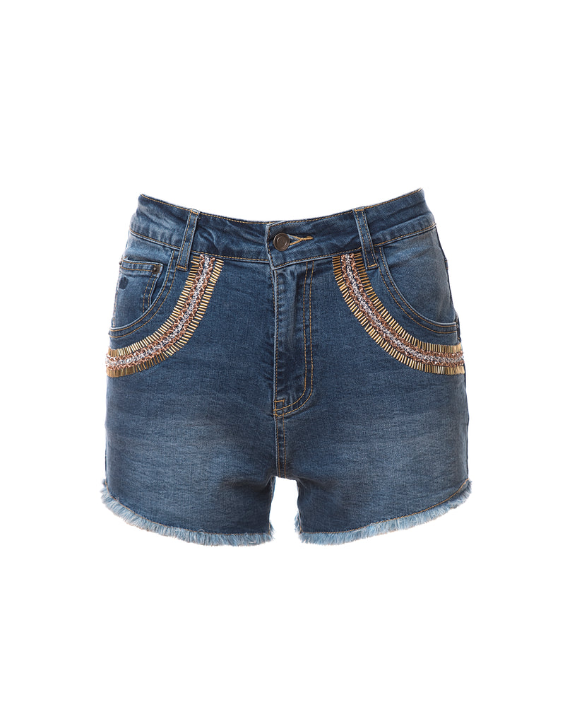 Samantha Beaded Denim Shorts, Indigo/Rose/Gold