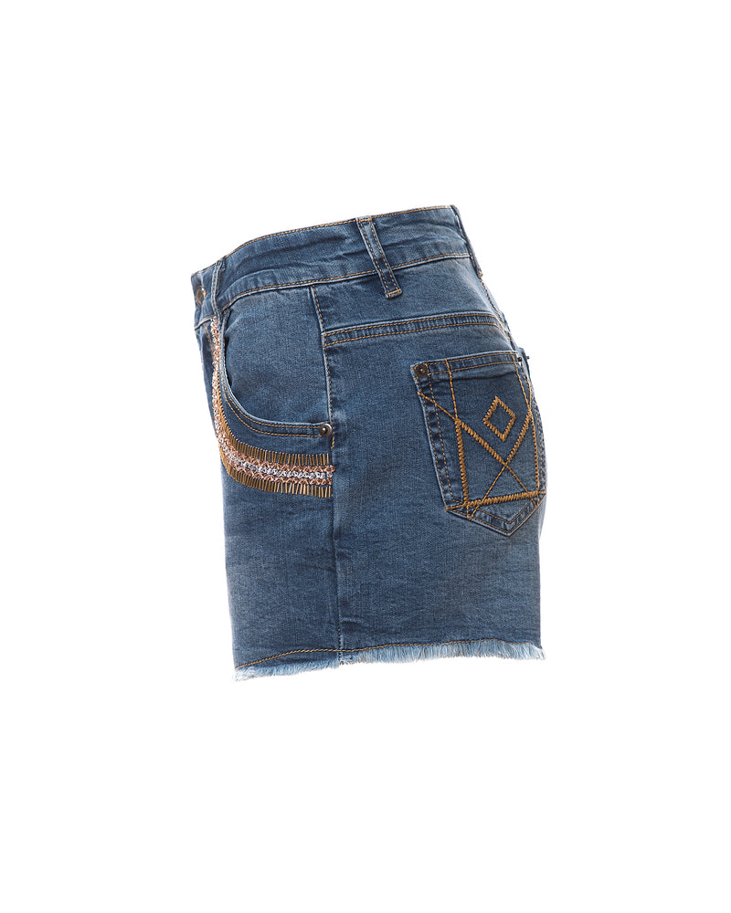 Samantha Beaded Denim Shorts, Indigo/Rose/Gold
