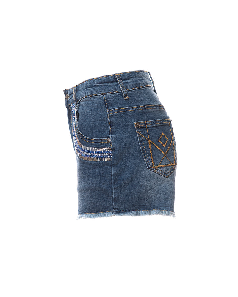 Samantha Beaded Denim Shorts, Indigo/Blue/Silver