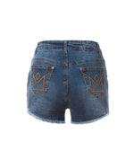 Samantha Beaded Denim Shorts, Indigo/Blue/Silver