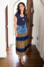 Laguinda Upcycled Yoke Pleated Skirt, Indigo/Gold