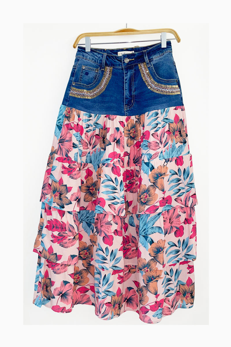 Lani Upcycled 3-length Convertible Yoke Skirt, Denim/Pink/Rose/Gold