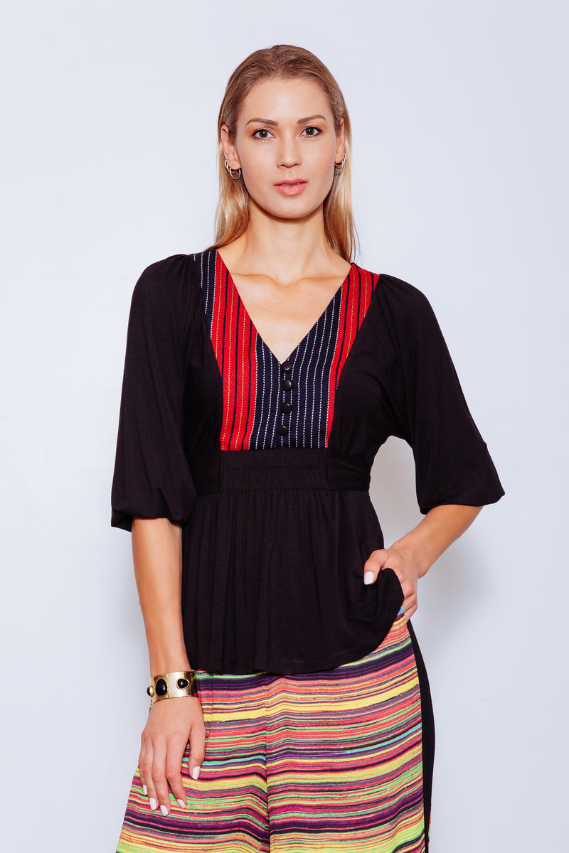 Luisa Upcycled Top (from Dress) with Indigenous Front Yoke, Black