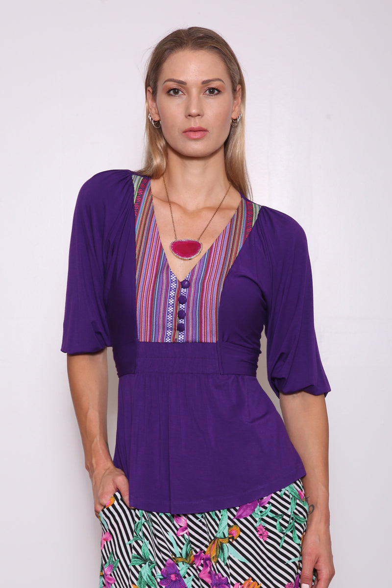 Luisa Upcycled Top (from Dress) with Reclaimed Front Yoke, Eggplant/Multi Stripe