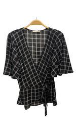 Lydia Wrap Top with Flounce Sleeves, Blk/Wht Paris Plaid