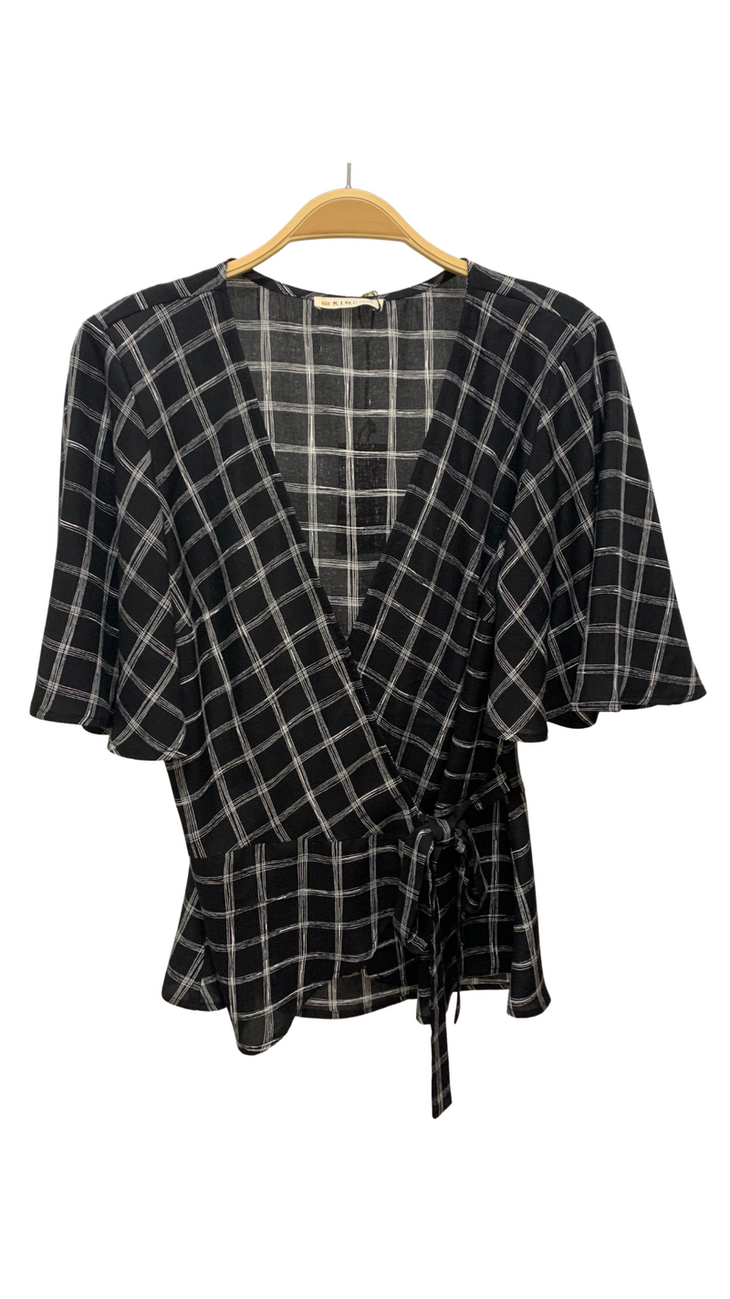 Lydia Wrap Top with Flounce Sleeves, Blk/Wht Paris Plaid