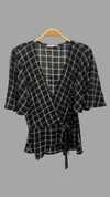 Lydia Wrap Top with Flounce Sleeves, Blk/Wht Paris Plaid