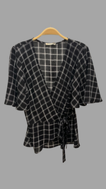 Lydia Wrap Top with Flounce Sleeves, Blk/Wht Paris Plaid