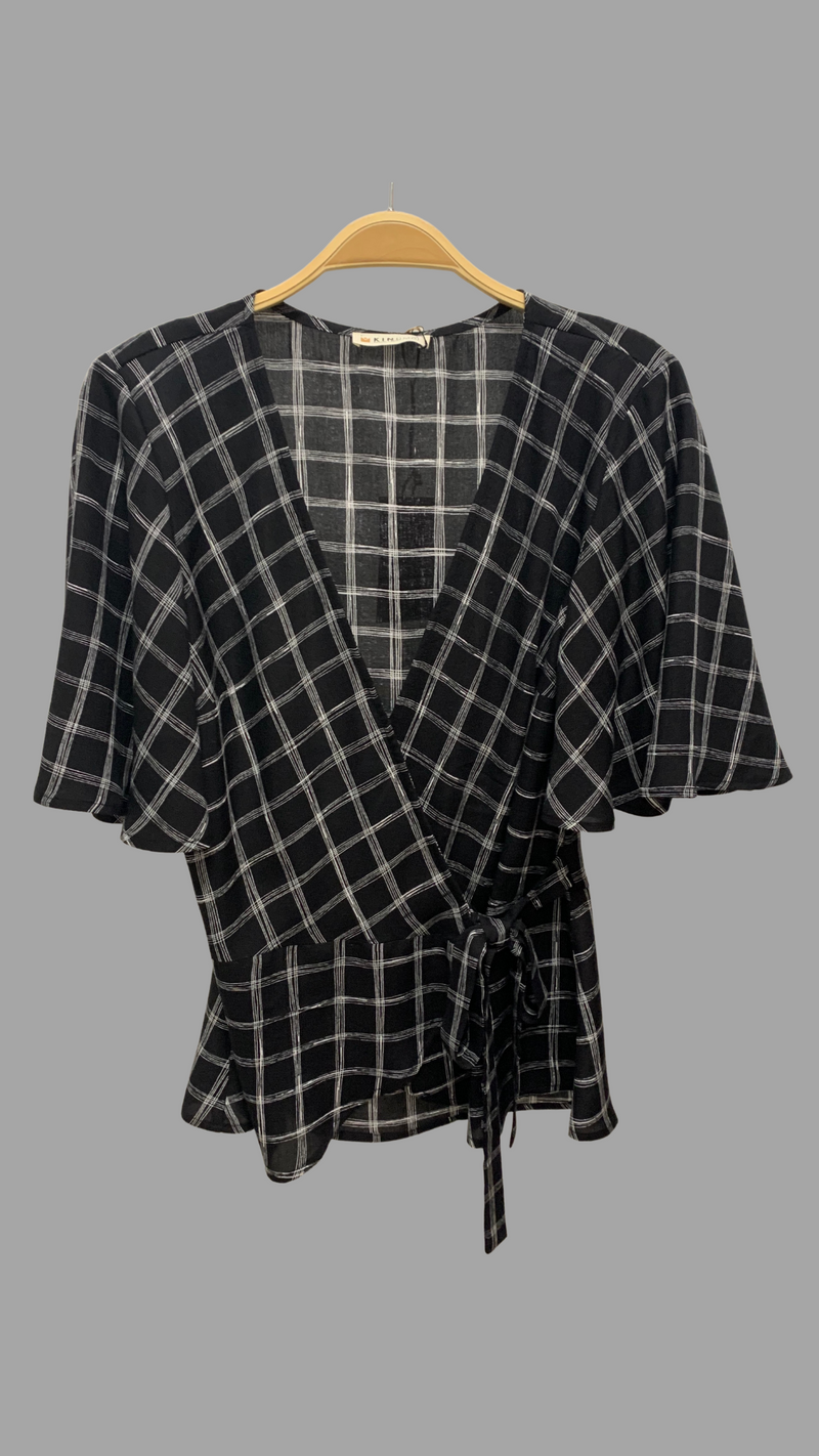 Lydia Wrap Top with Flounce Sleeves, Blk/Wht Paris Plaid
