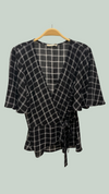 Lydia Wrap Top with Flounce Sleeves, Blk/Wht Paris Plaid