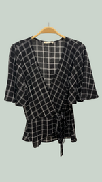 Lydia Wrap Top with Flounce Sleeves, Blk/Wht Paris Plaid