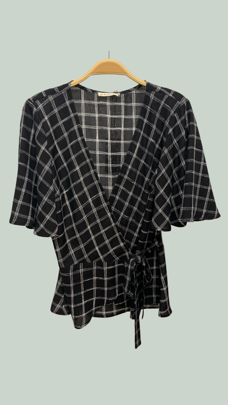 Lydia Wrap Top with Flounce Sleeves, Blk/Wht Paris Plaid