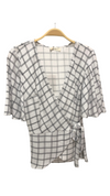 Lydia Wrap Top with Flounce Sleeves, Wht/Blk Paris Plaid