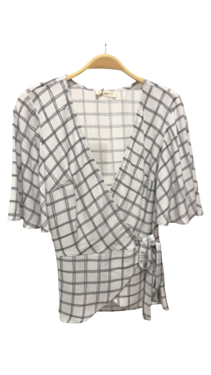 Lydia Wrap Top with Flounce Sleeves, Wht/Blk Paris Plaid