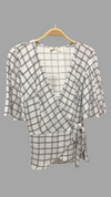 Lydia Wrap Top with Flounce Sleeves, Wht/Blk Paris Plaid