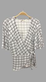 Lydia Wrap Top with Flounce Sleeves, Wht/Blk Paris Plaid