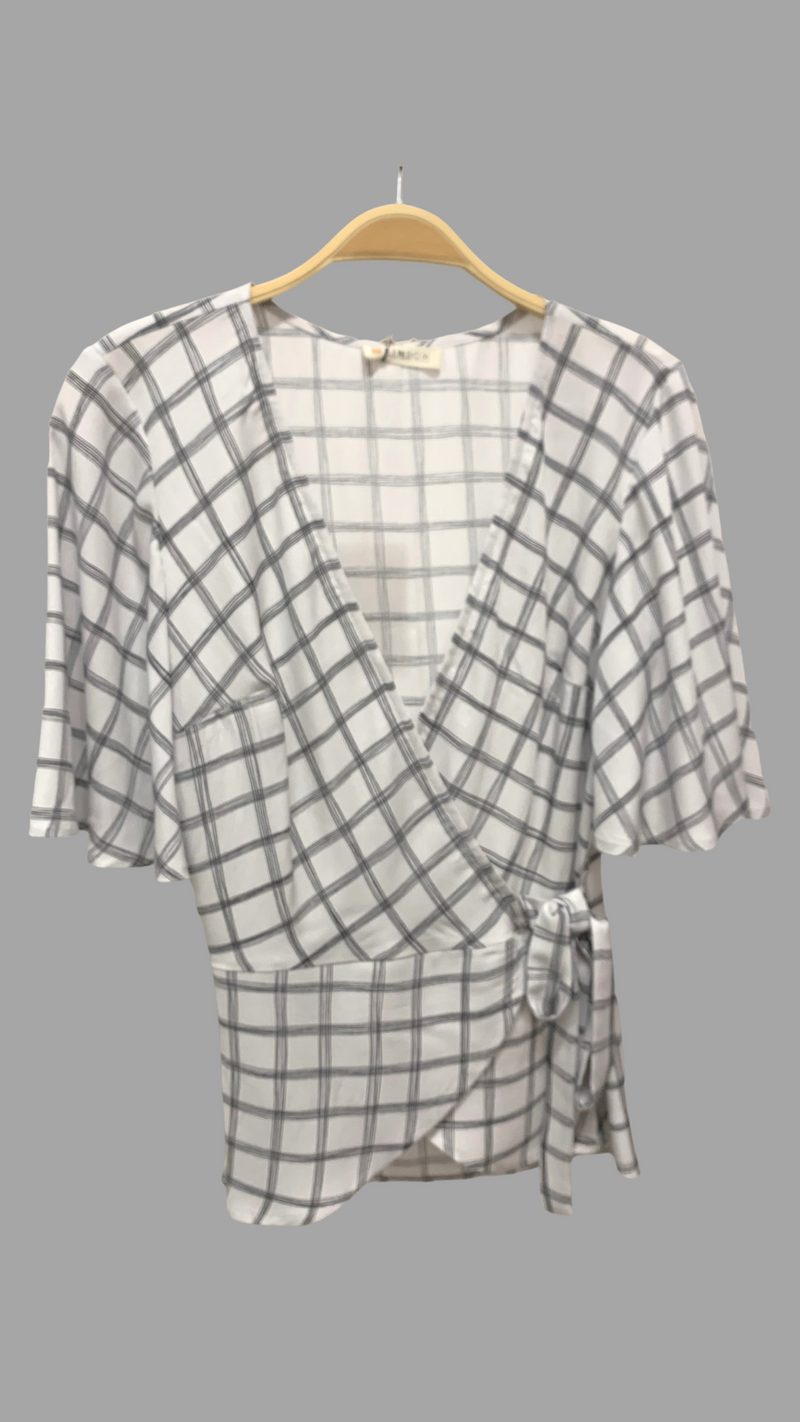 Lydia Wrap Top with Flounce Sleeves, Wht/Blk Paris Plaid