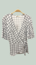 Lydia Wrap Top with Flounce Sleeves, Wht/Blk Paris Plaid