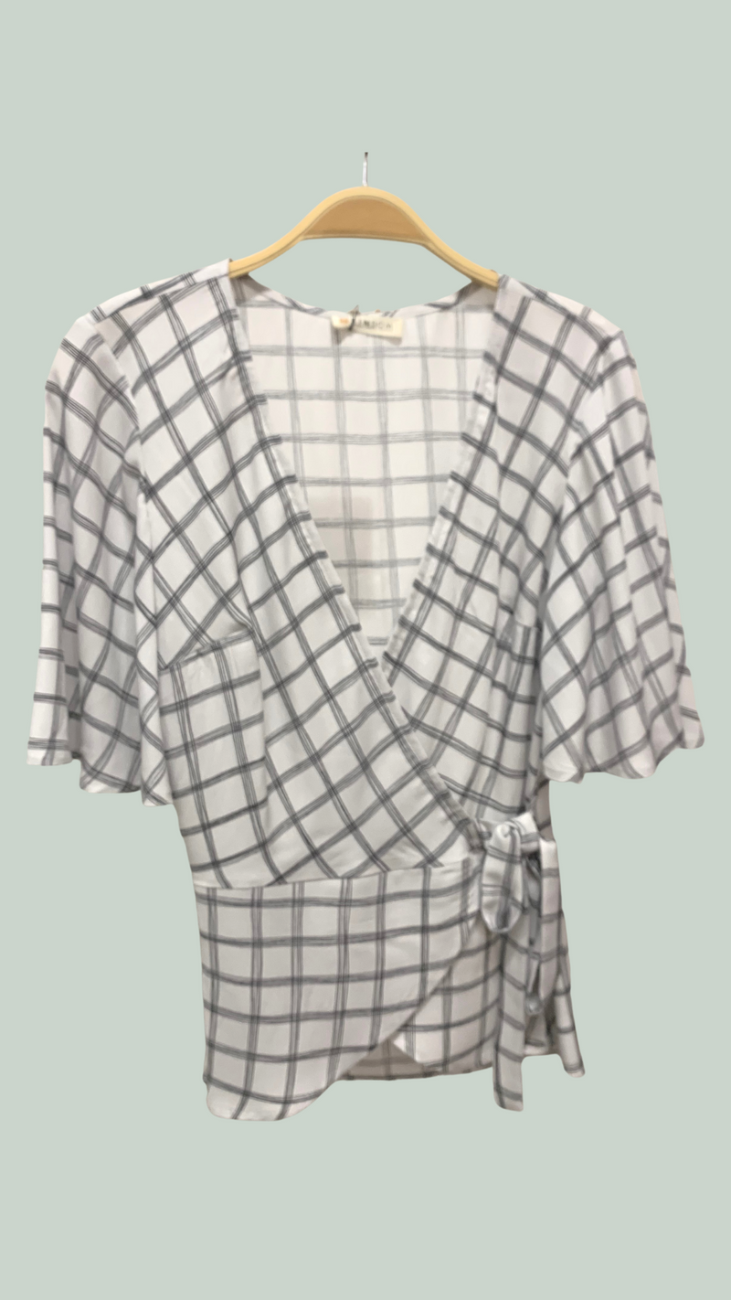 Lydia Wrap Top with Flounce Sleeves, Wht/Blk Paris Plaid