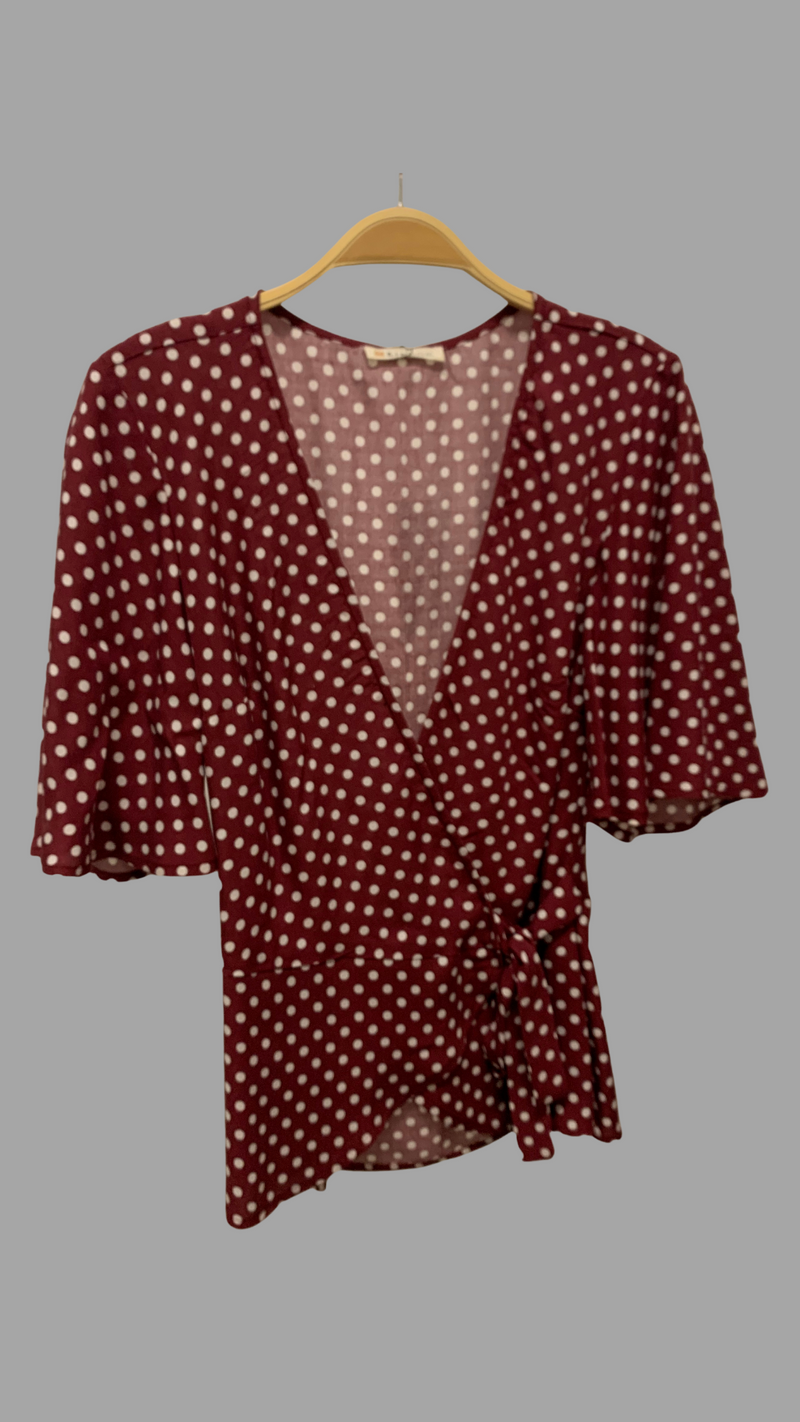 Lydia Wrap Top with Flounce Sleeves, Maroon/Wht Retro Dots