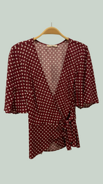 Lydia Wrap Top with Flounce Sleeves, Maroon/Wht Retro Dots