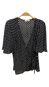 Lydia Wrap Top with Flounce Sleeves, Blk/Wht Retro Dots