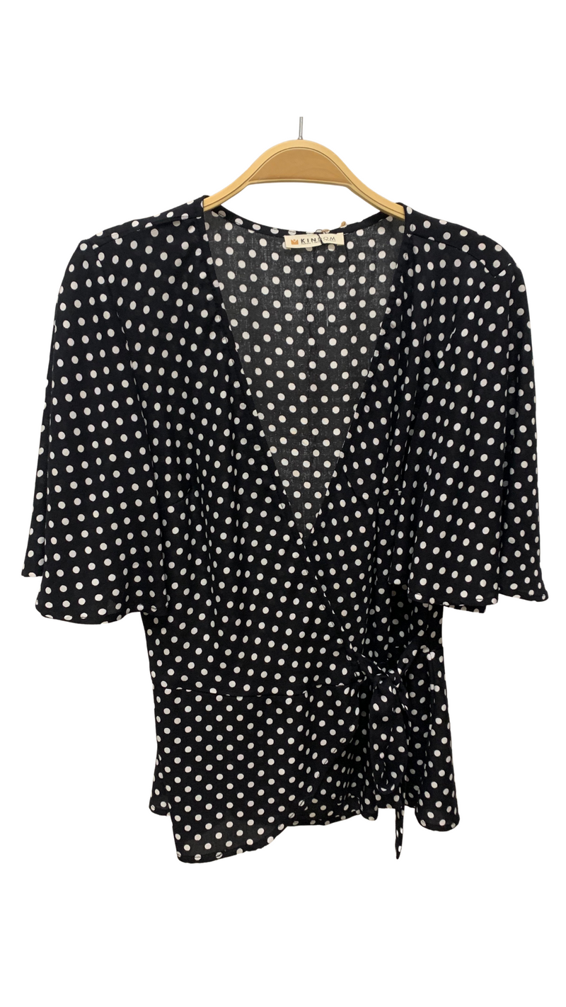 Lydia Wrap Top with Flounce Sleeves, Blk/Wht Retro Dots