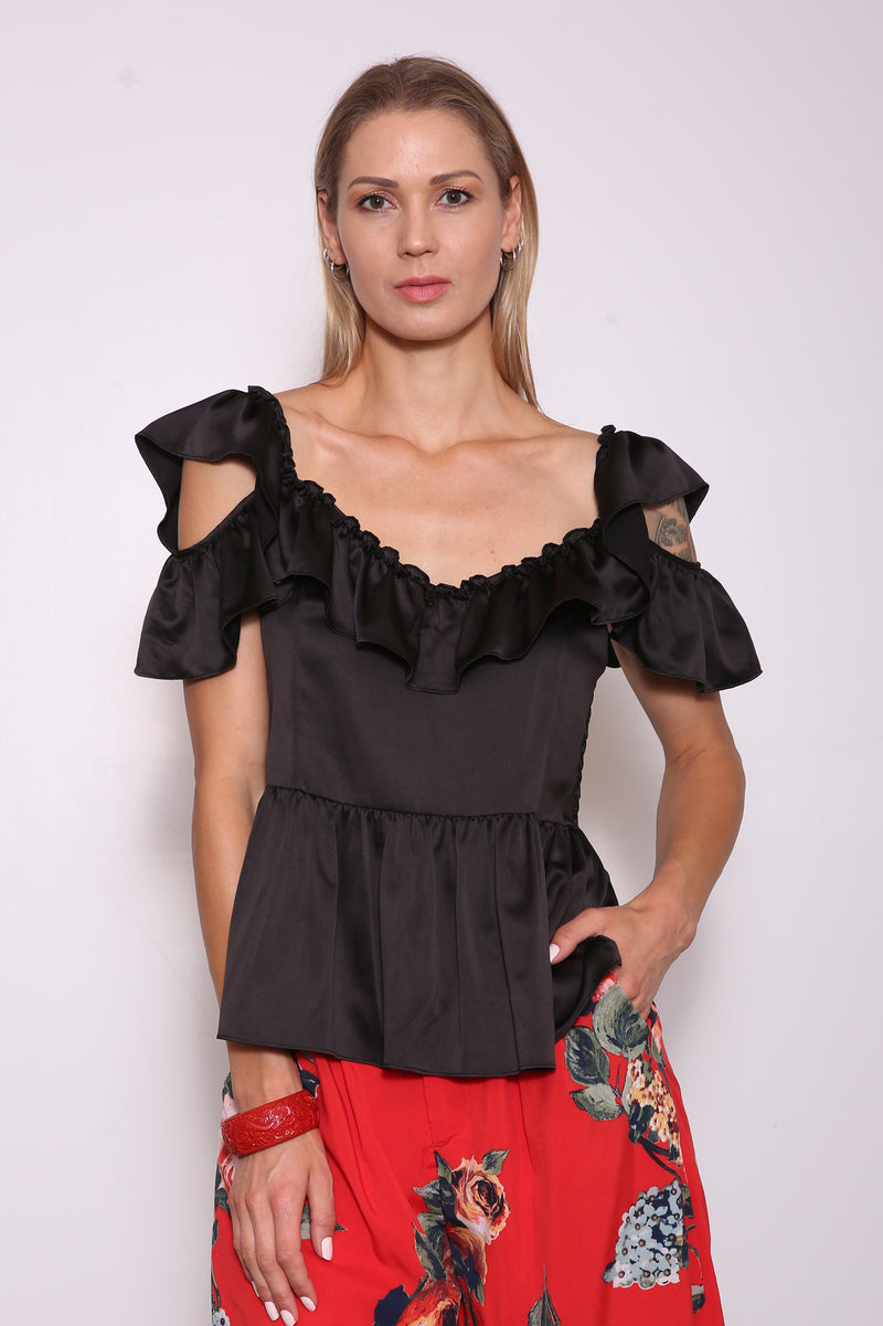 Merced Upcycled Peplum Top (from Dress), Black