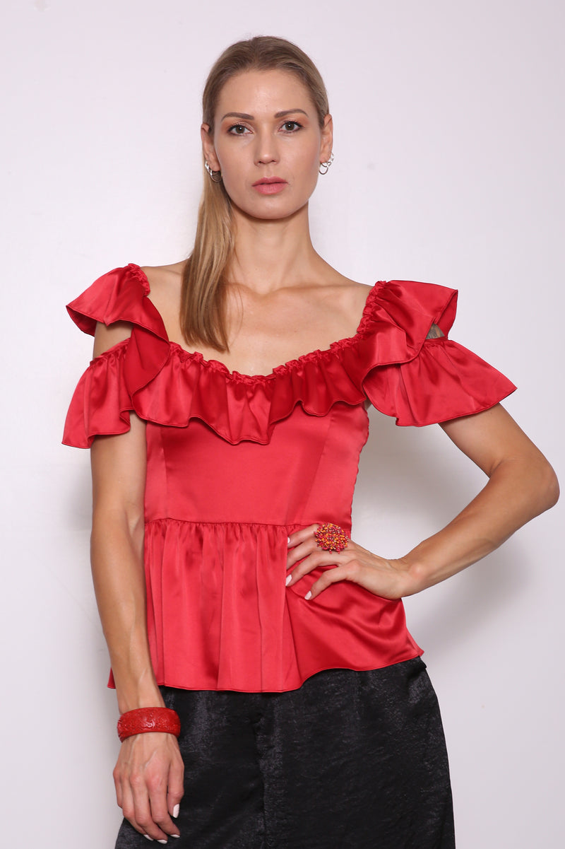 Merced Upcycled Peplum Top (from Dress), Red